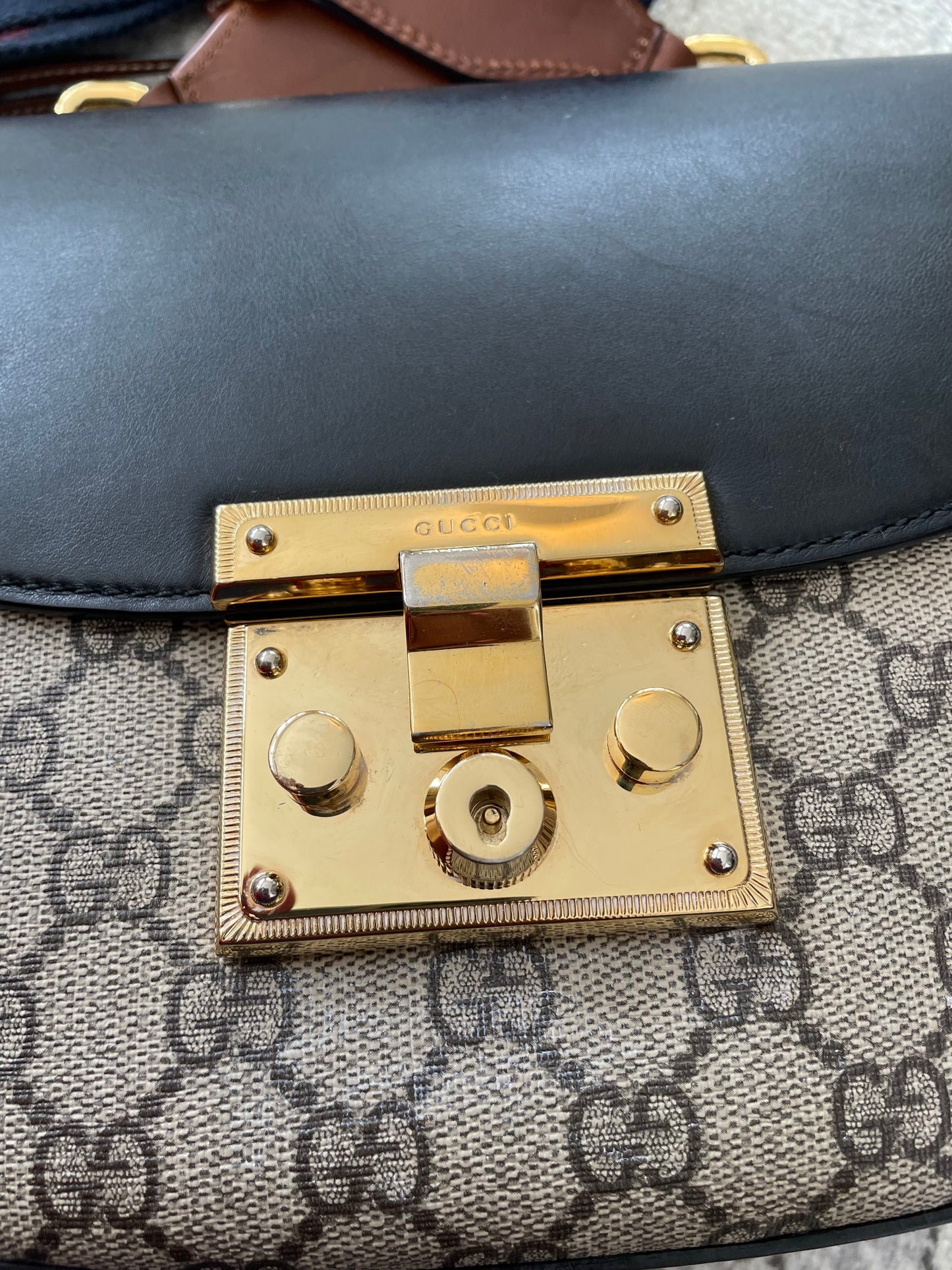 Preloved Gucci GG Supreme Monogram Saddle Lock Messenger Shoulder Bag, Small