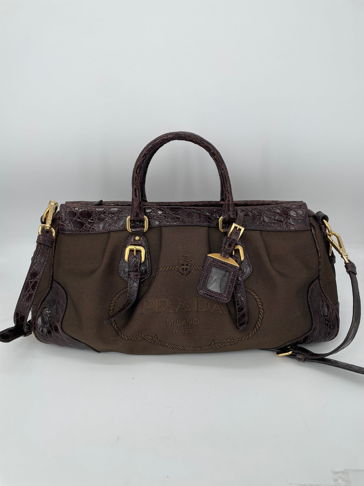 Preloved, Vintage Prada Logo Jacquard Bowling Bag