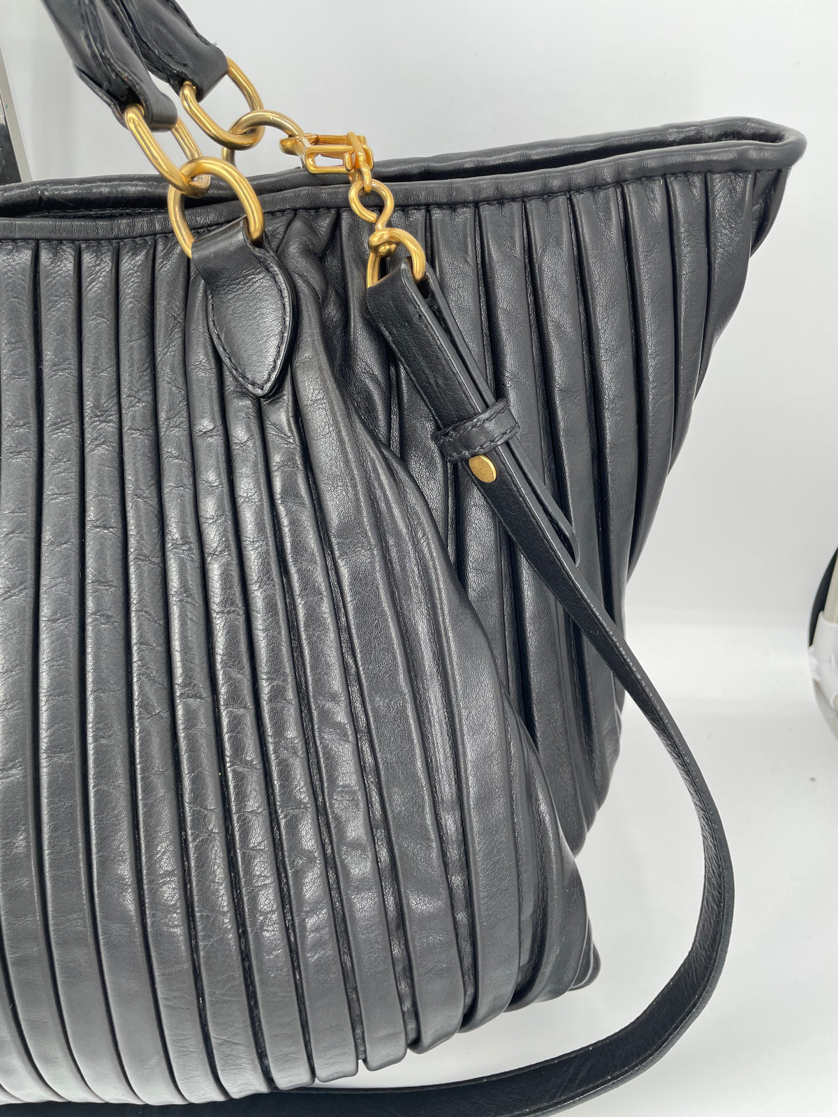 Preloved Miu Miu Pleated Leather Tote Bag with Long Strap