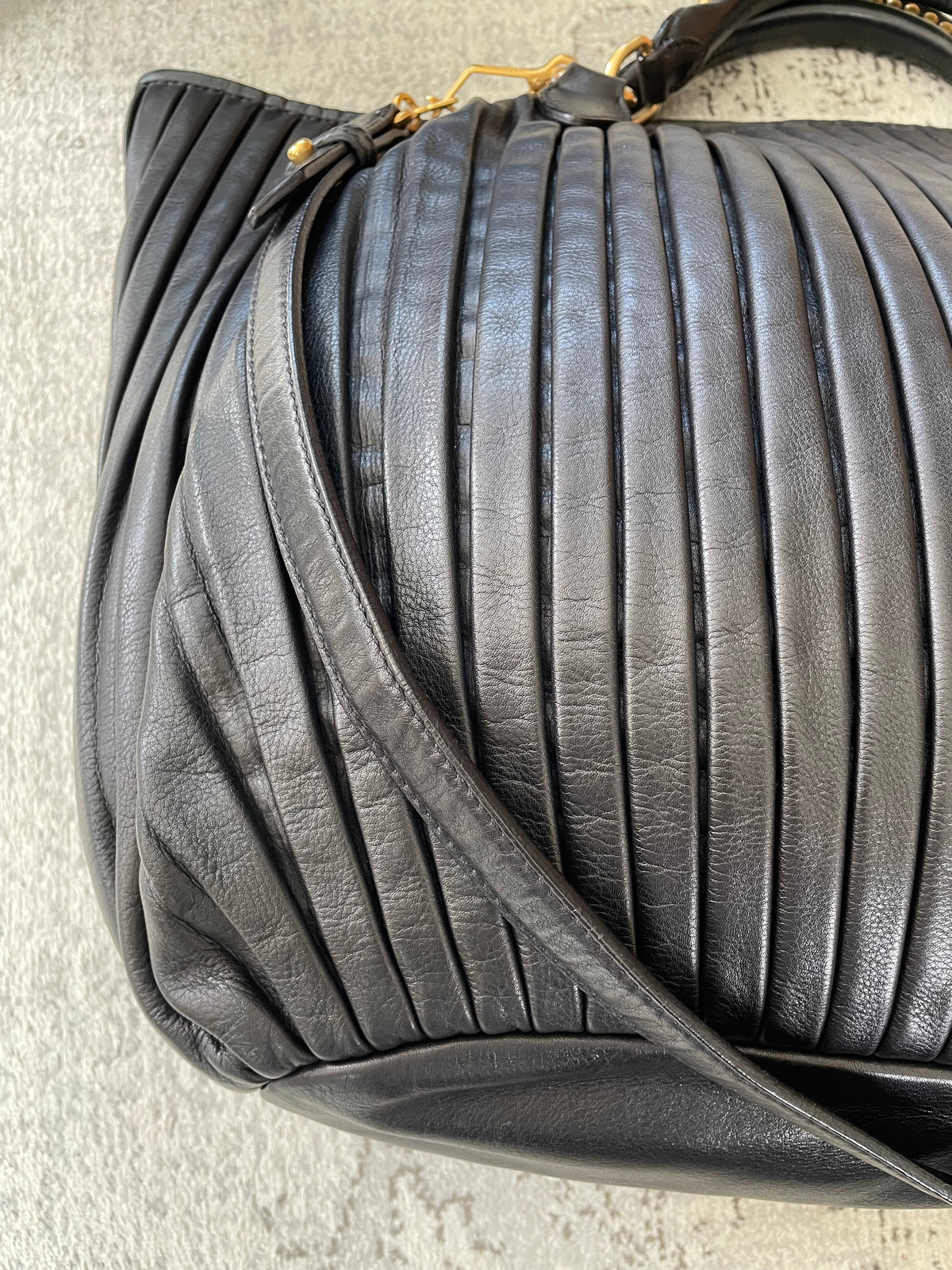 Preloved Miu Miu Pleated Leather Tote Bag with Long Strap
