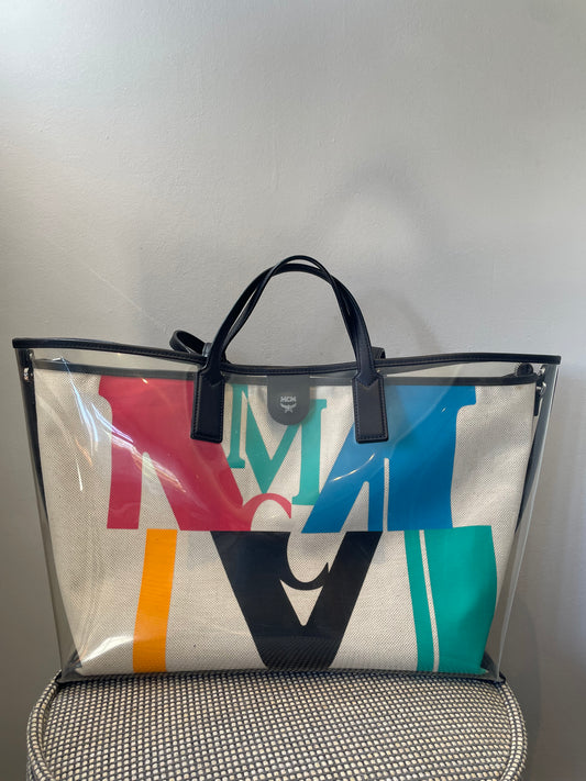 Preloved MCM Glitch Logo Shopping Tote, Large