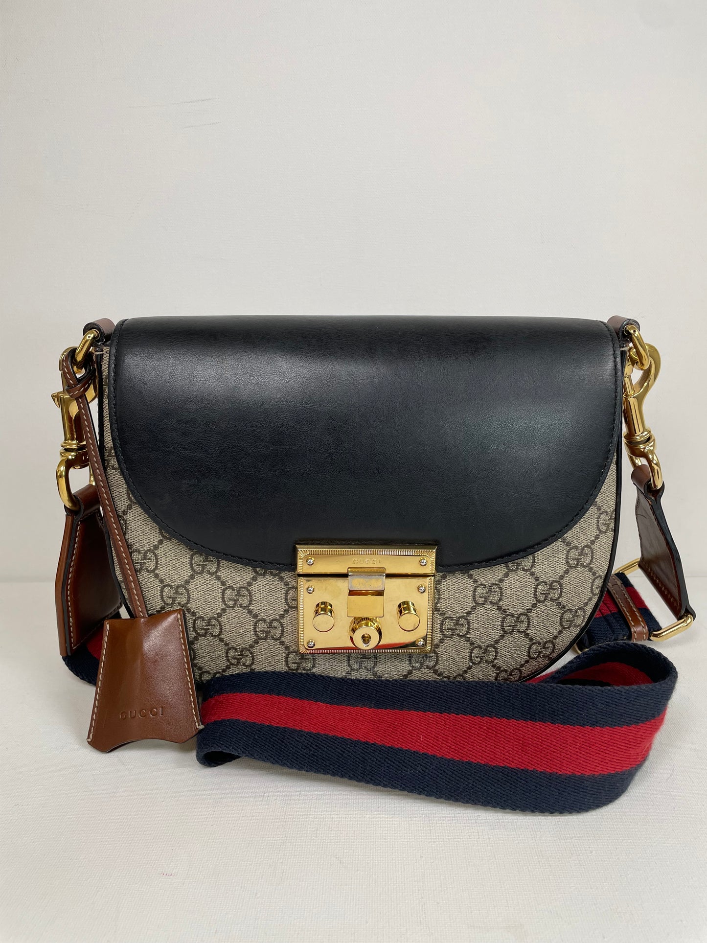 Preloved Gucci GG Supreme Monogram Saddle Lock Messenger Shoulder Bag, Small