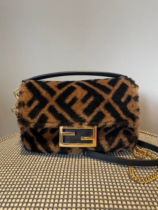 Preloved Fendi Shearling Sheepskin FF Chain Baguette, Mini