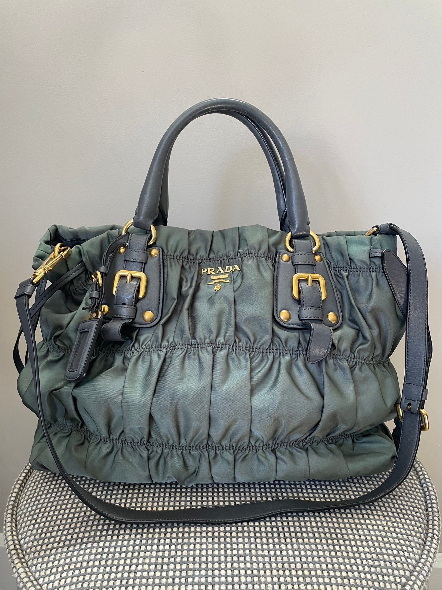 Preloved Prada Tessuto Nylon Gaufre Gathered Tote with Long Shoulder Strap