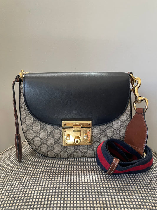 Preloved Gucci GG Supreme Monogram Saddle Lock Messenger Shoulder Bag, Small