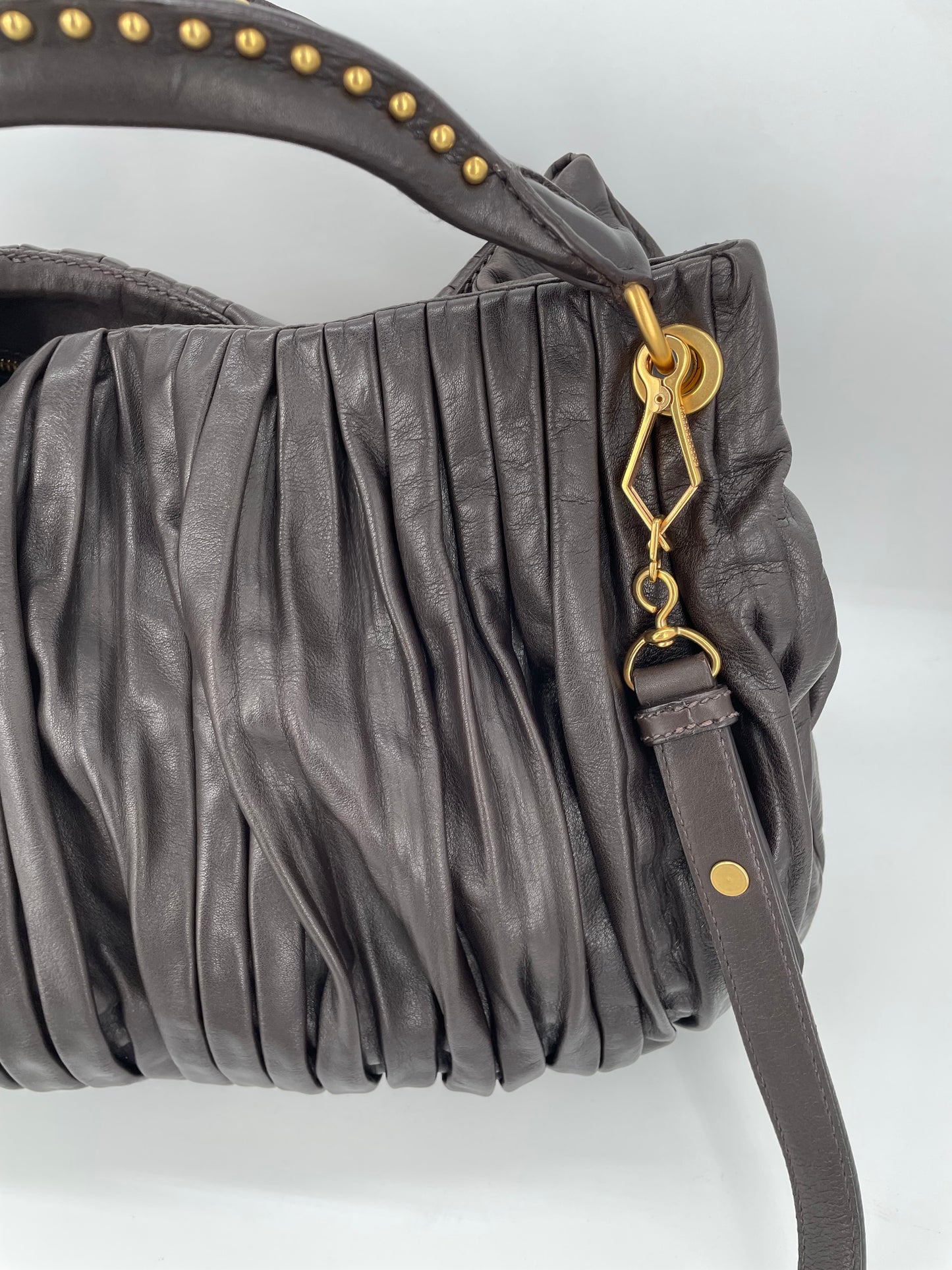 Preloved Miu Miu Pleated Leather Tote Bag with Long Strap