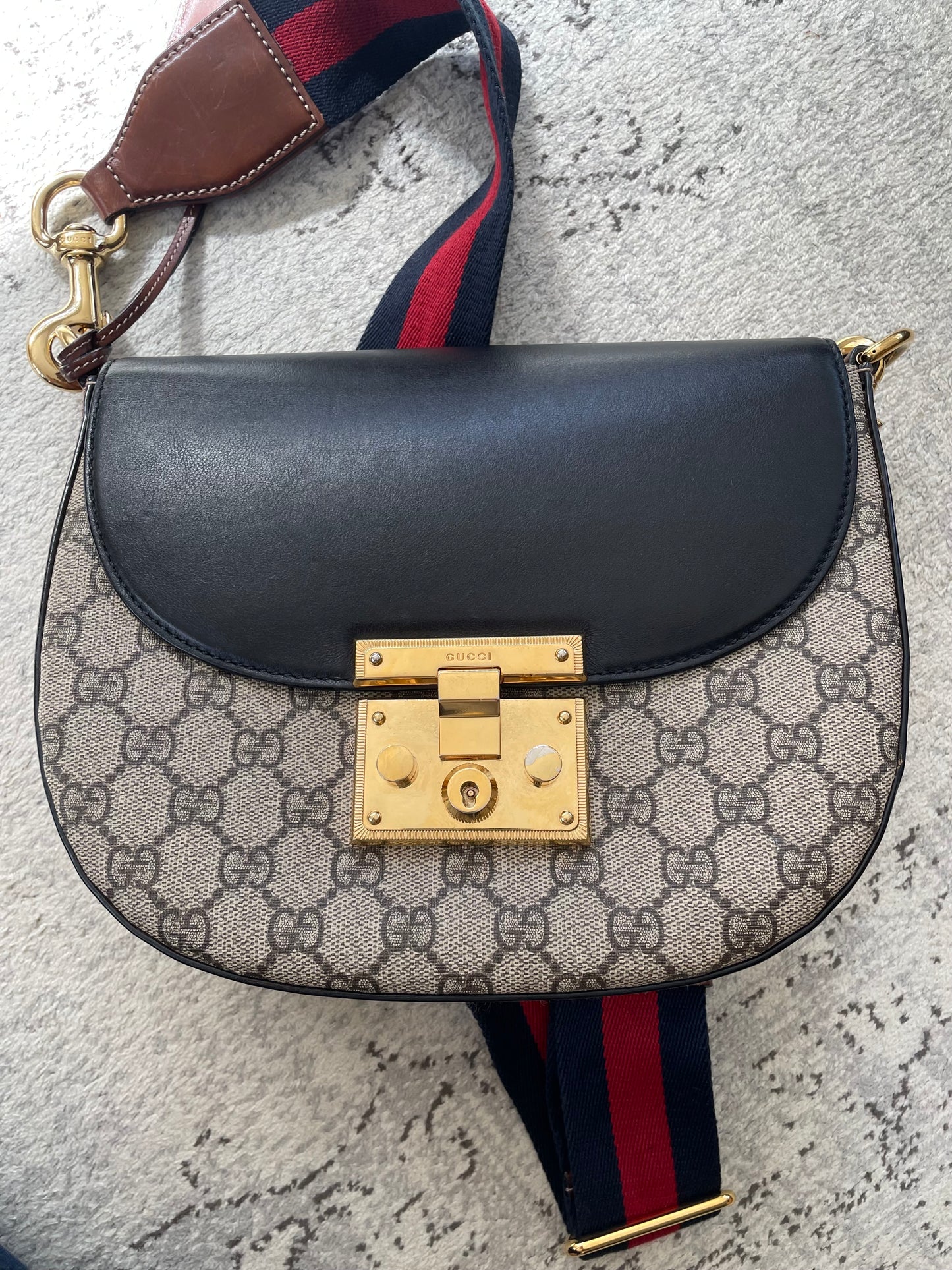 Preloved Gucci GG Supreme Monogram Saddle Lock Messenger Shoulder Bag, Small