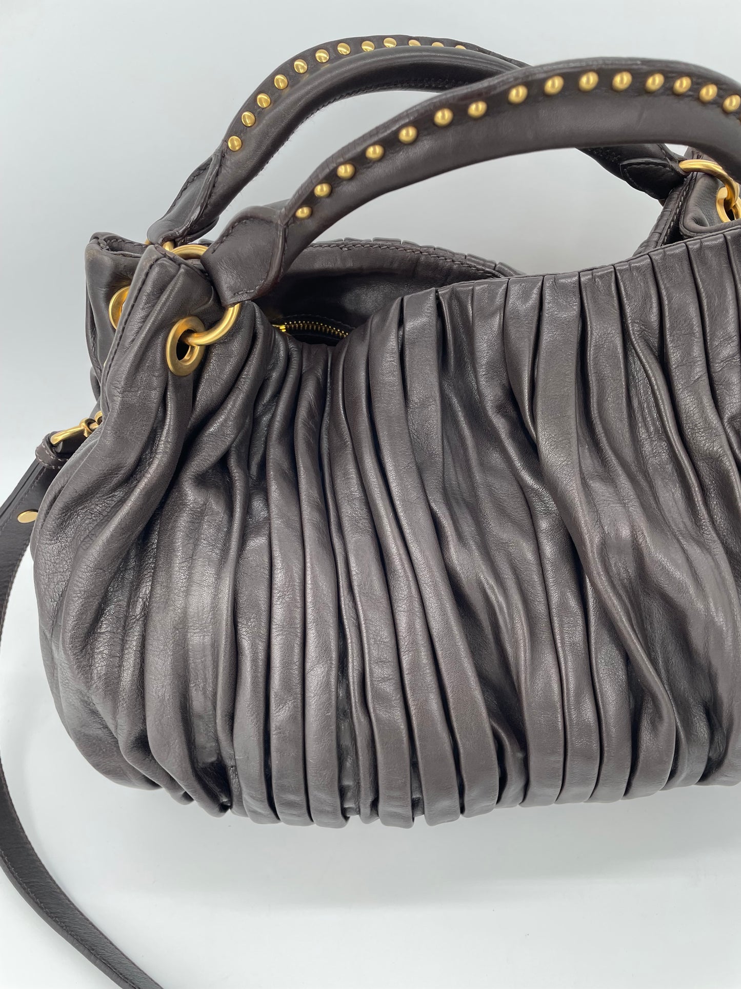 Preloved Miu Miu Pleated Leather Tote Bag with Long Strap