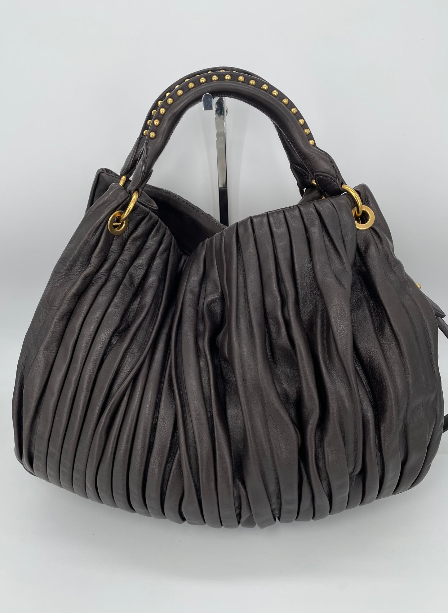 Preloved Miu Miu Pleated Leather Tote Bag with Long Strap