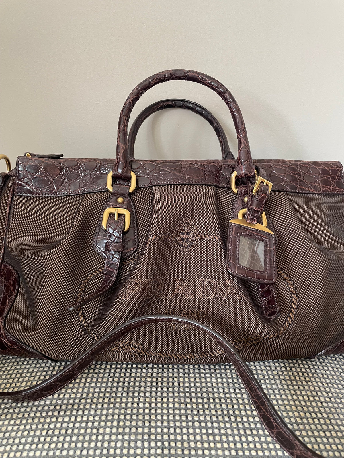 Preloved, Vintage Prada Logo Jacquard Bowling Bag