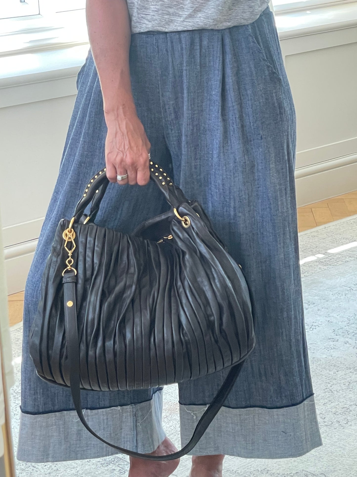 Preloved Miu Miu Pleated Leather Tote Bag with Long Strap