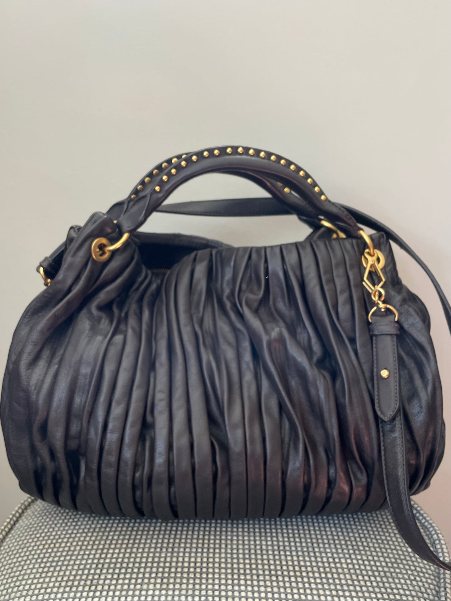 Preloved Miu Miu Pleated Leather Tote Bag with Long Strap