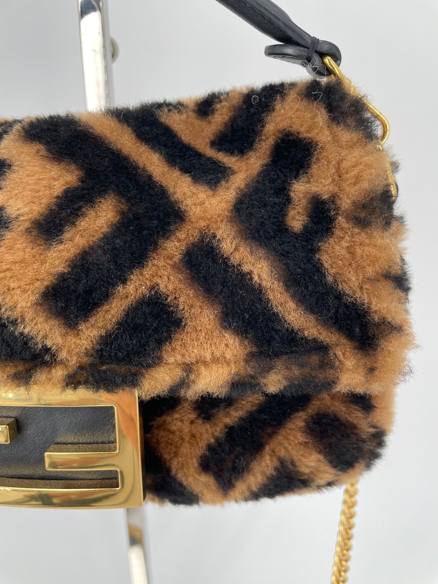 Preloved Fendi Shearling Sheepskin FF Chain Baguette, Mini