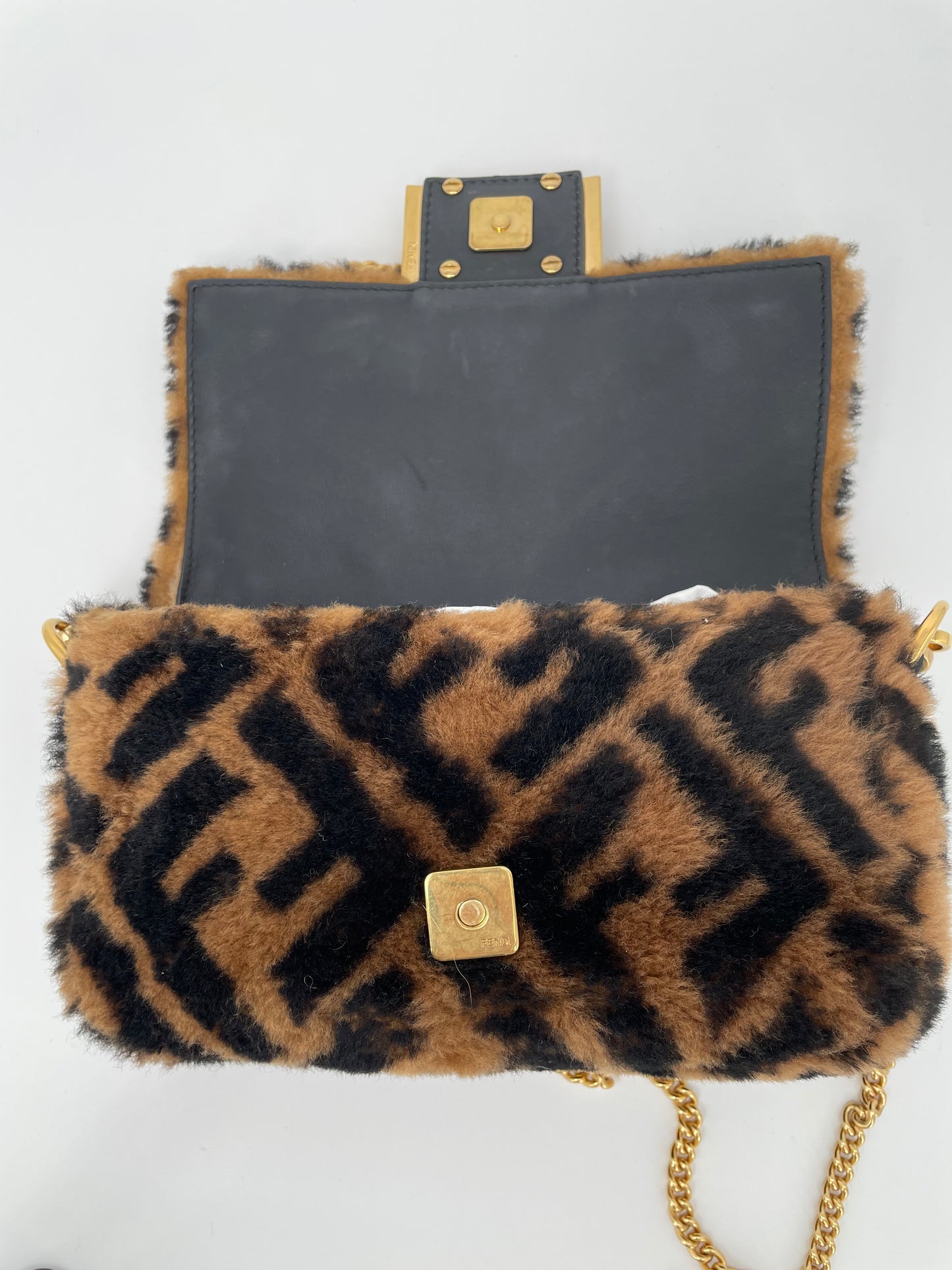 Preloved Fendi Shearling Sheepskin FF Chain Baguette, Mini