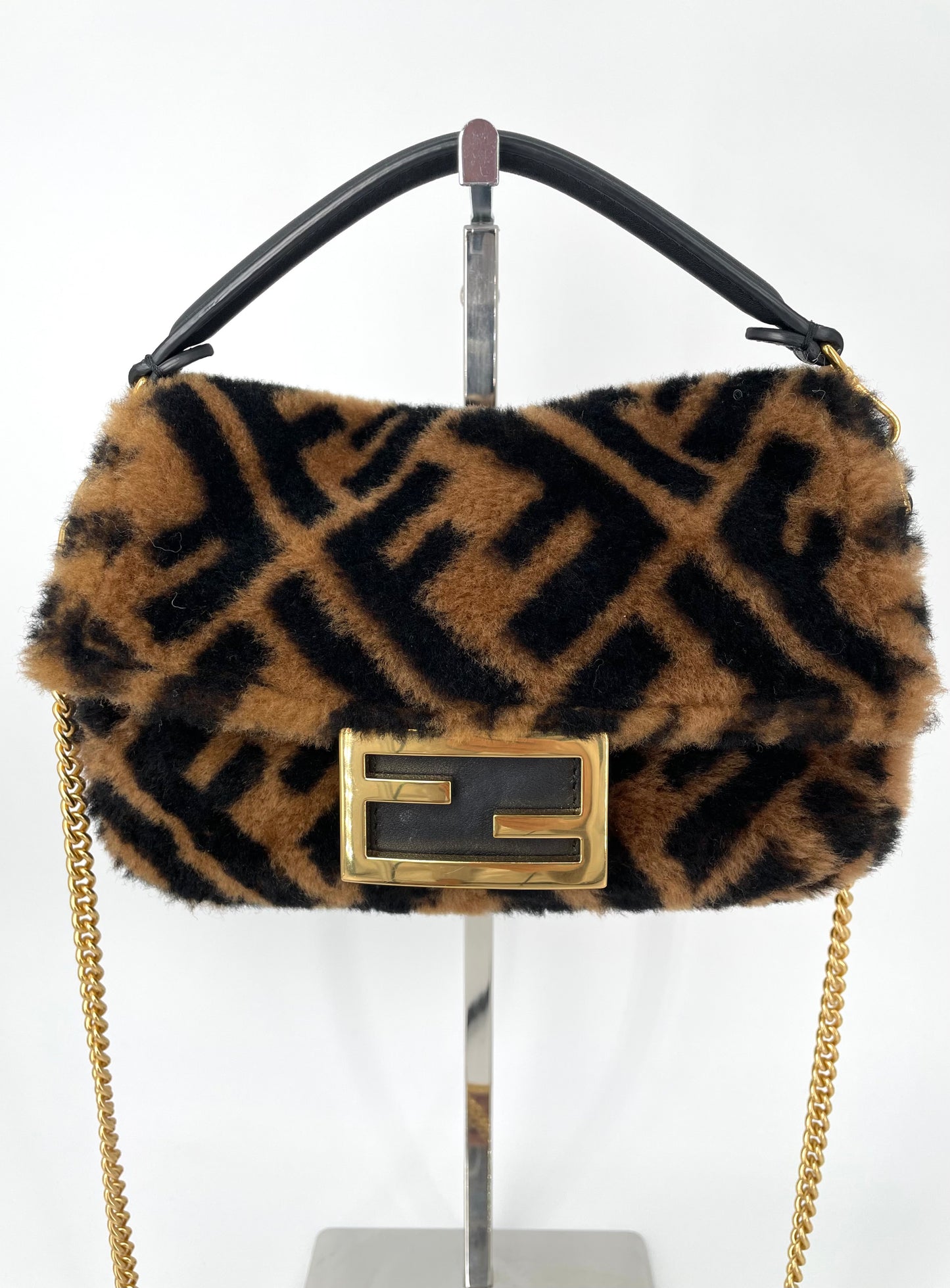 Preloved Fendi Shearling Sheepskin FF Chain Baguette, Mini
