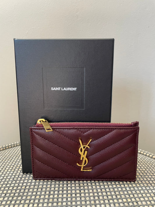 Preloved Saint Laurent Grain De Poudre Matelasse Chevron Monogram Zipped card holder