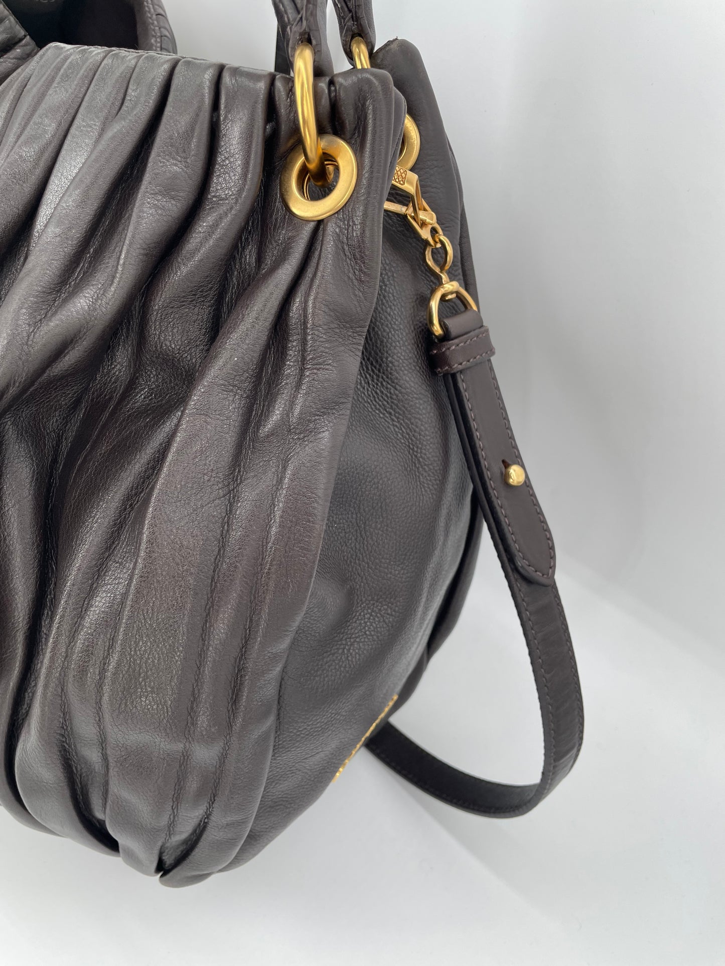 Preloved Miu Miu Pleated Leather Tote Bag with Long Strap
