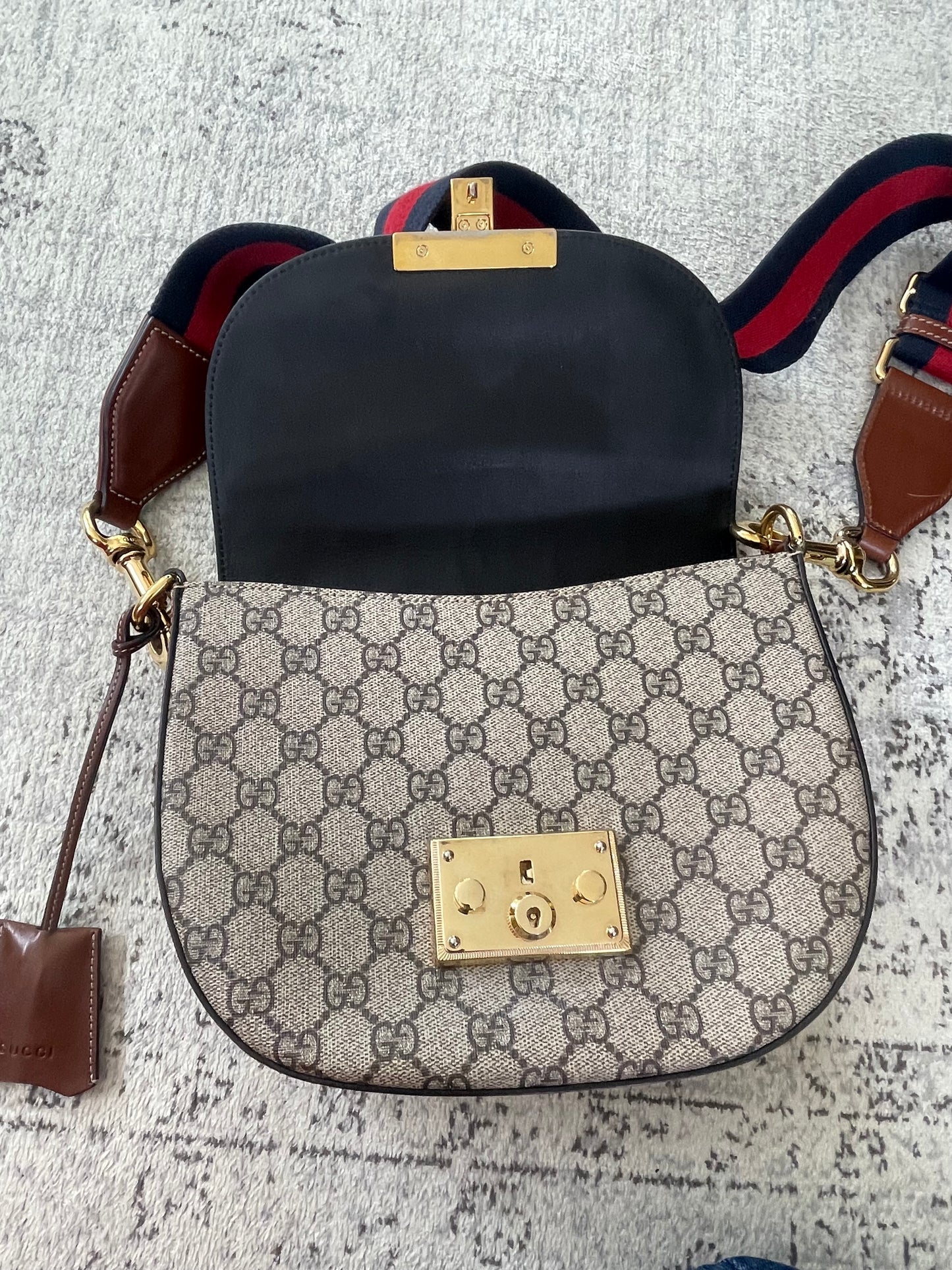 Preloved Gucci GG Supreme Monogram Saddle Lock Messenger Shoulder Bag, Small