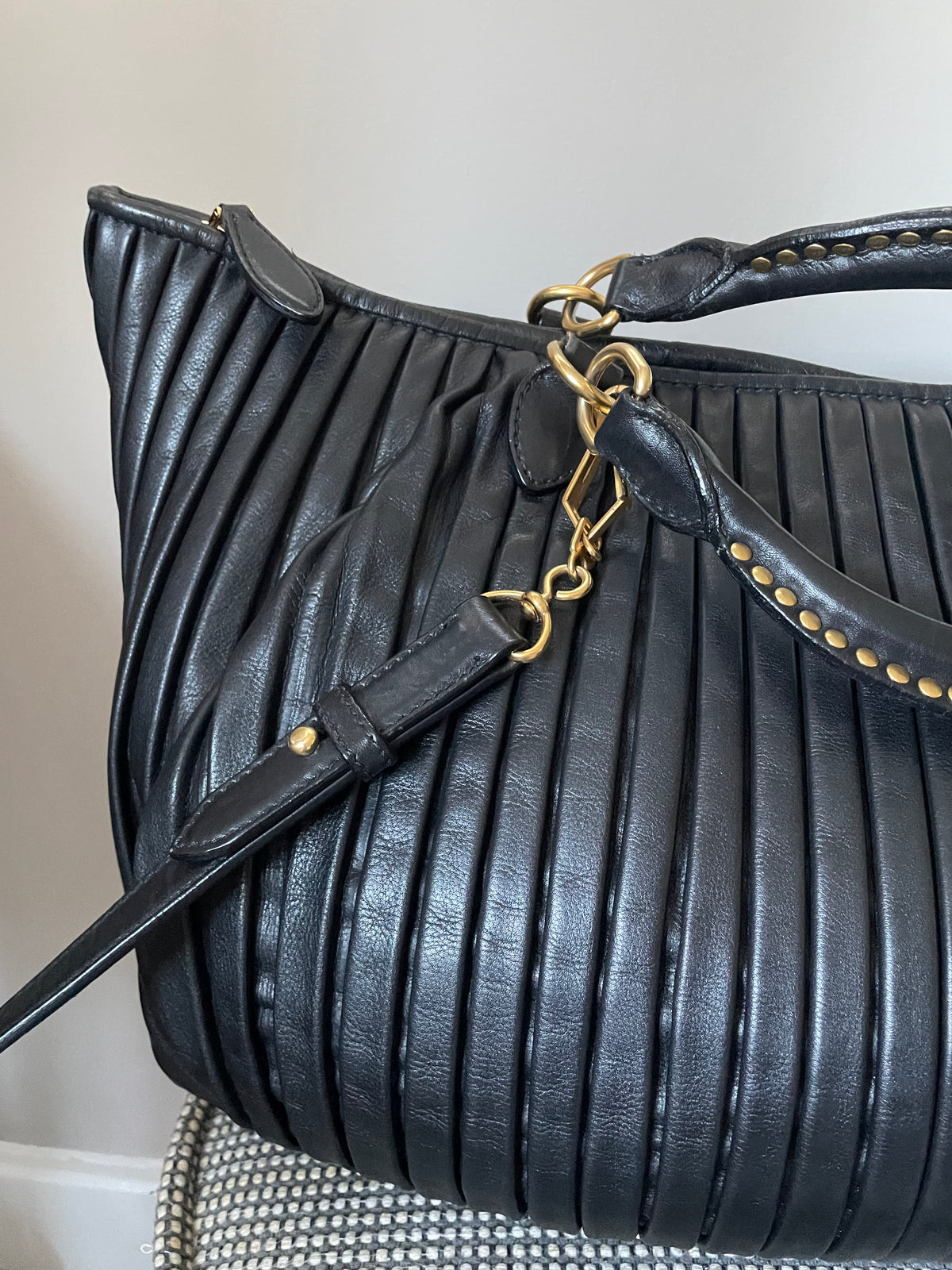 Preloved Miu Miu Pleated Leather Tote Bag with Long Strap