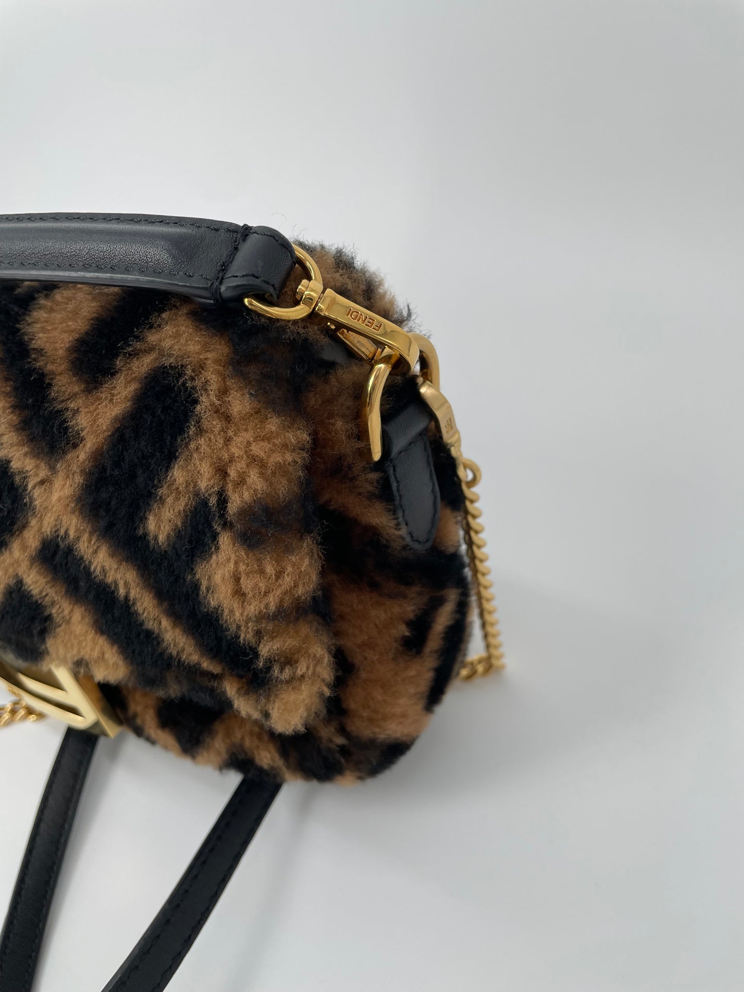 Preloved Fendi Shearling Sheepskin FF Chain Baguette, Mini
