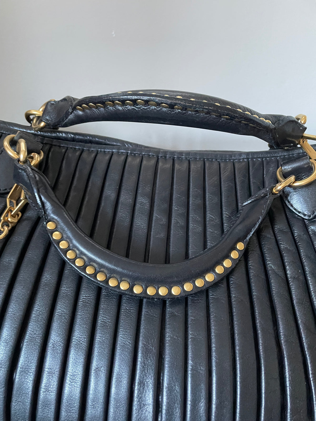 Preloved Miu Miu Pleated Leather Tote Bag with Long Strap