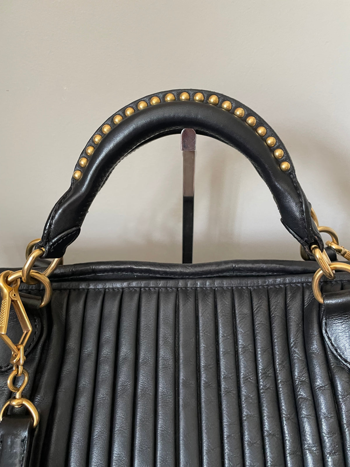 Preloved Miu Miu Pleated Leather Tote Bag with Long Strap