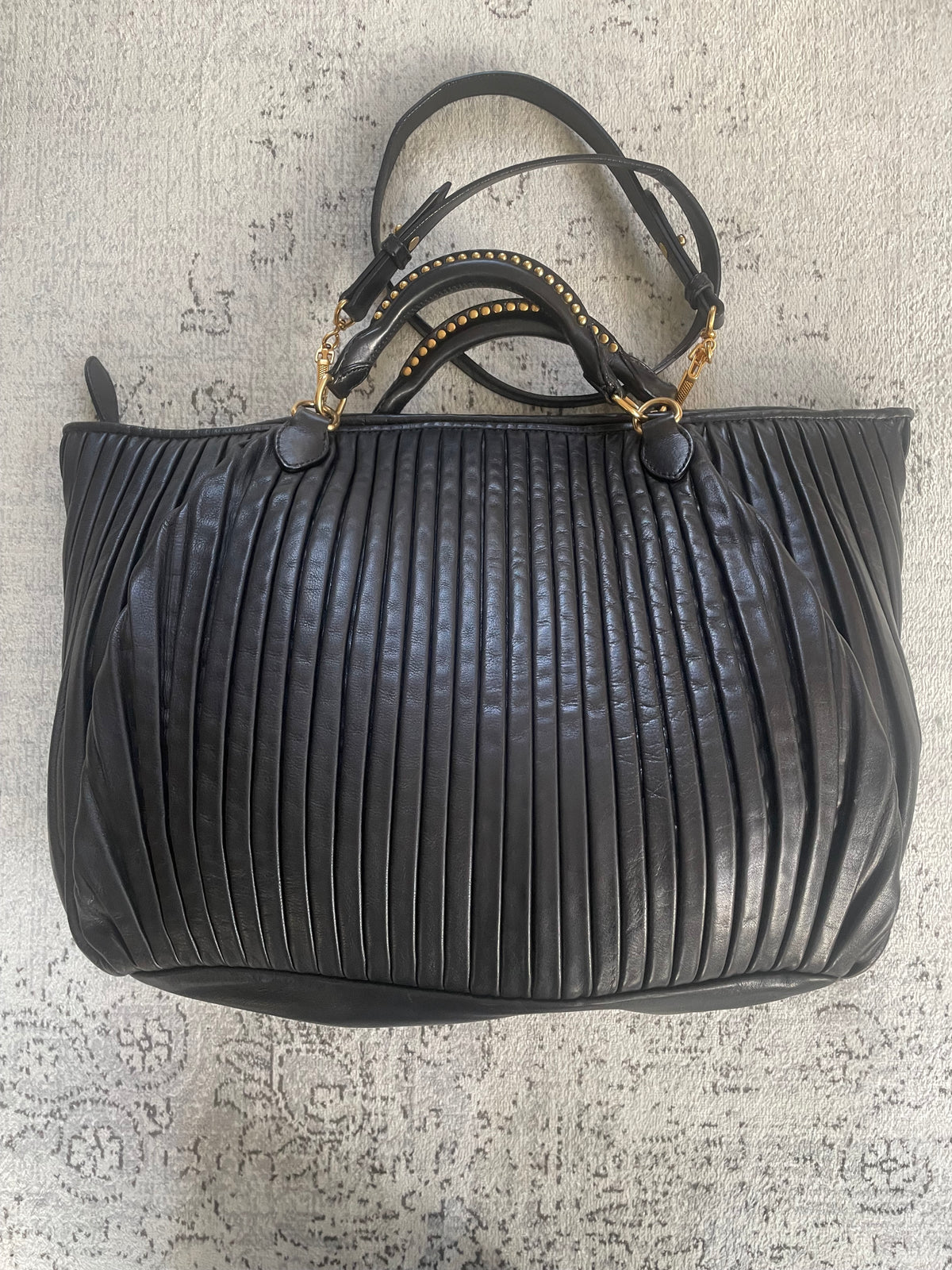 Preloved Miu Miu Pleated Leather Tote Bag with Long Strap