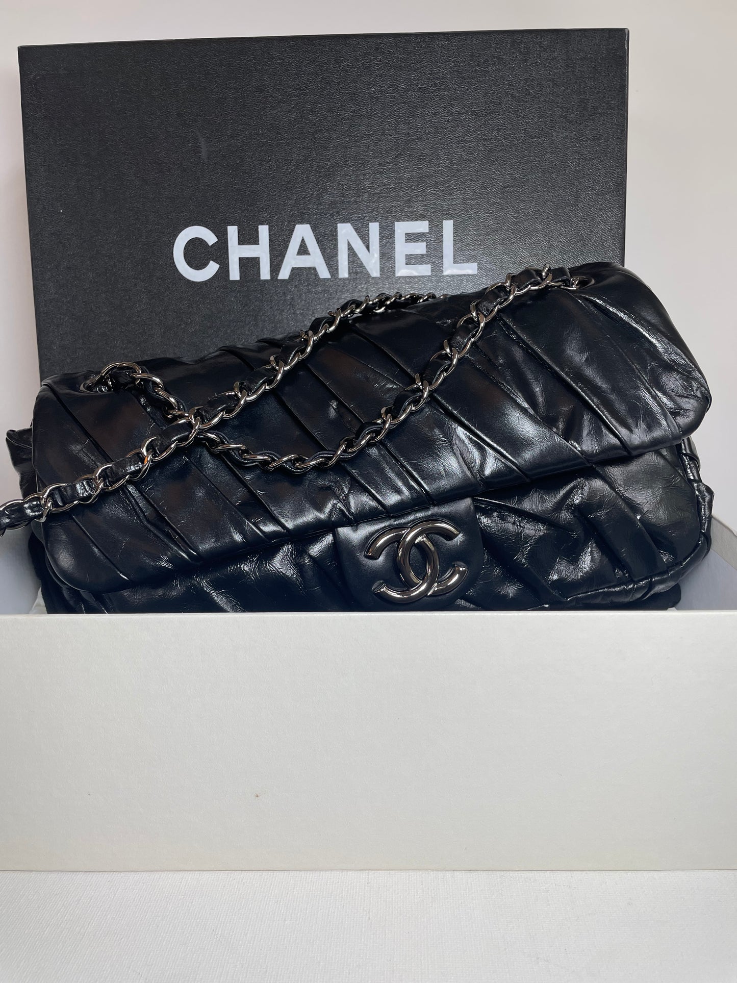 Preloved Chanel Glazed, Twisted Flap Calfskin Shoulder Bag, Medium