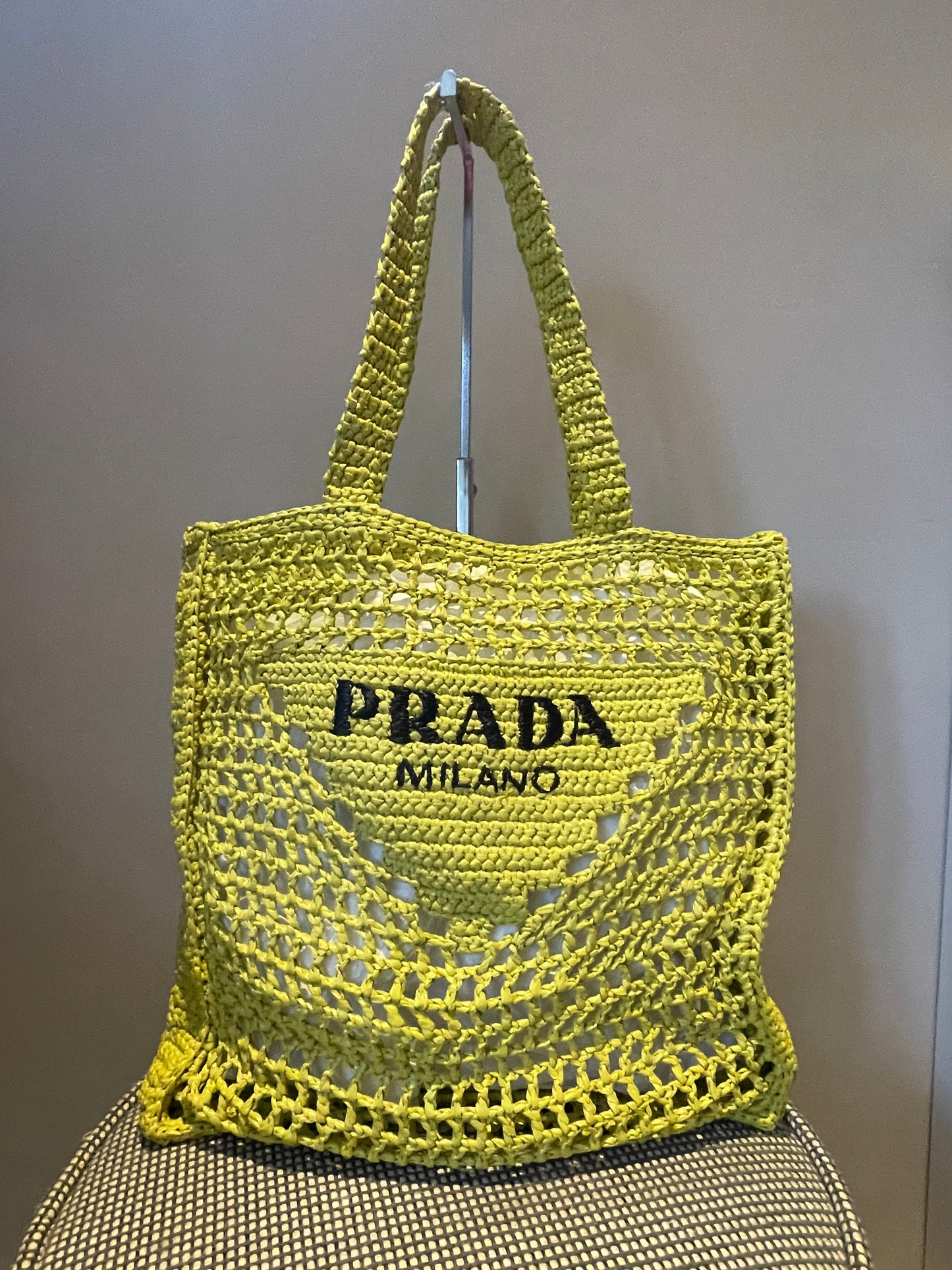 Preloved Prada Raffia Crochet Logo Tote Shopper