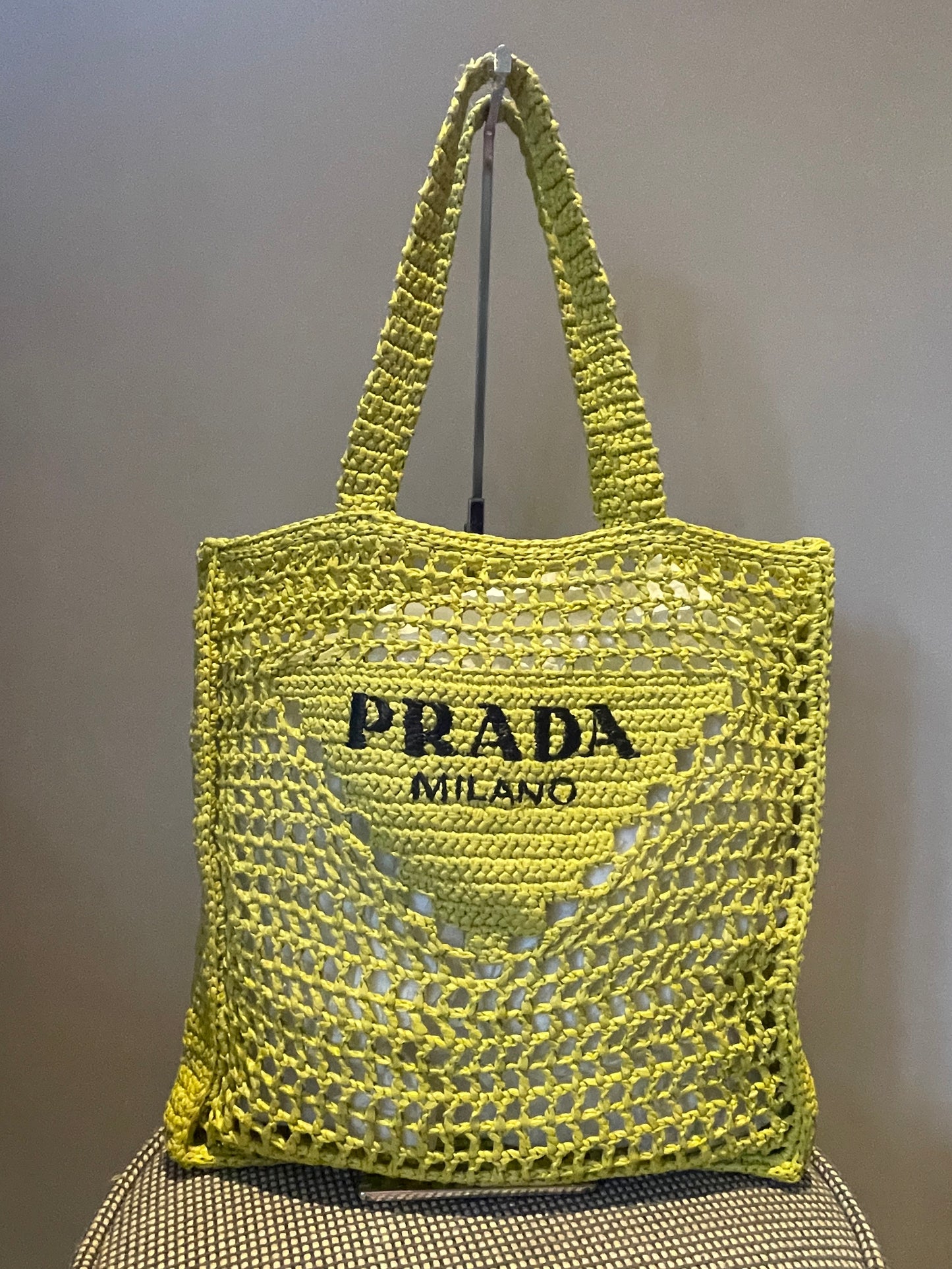 Preloved Prada Raffia Crochet Logo Tote Shopper